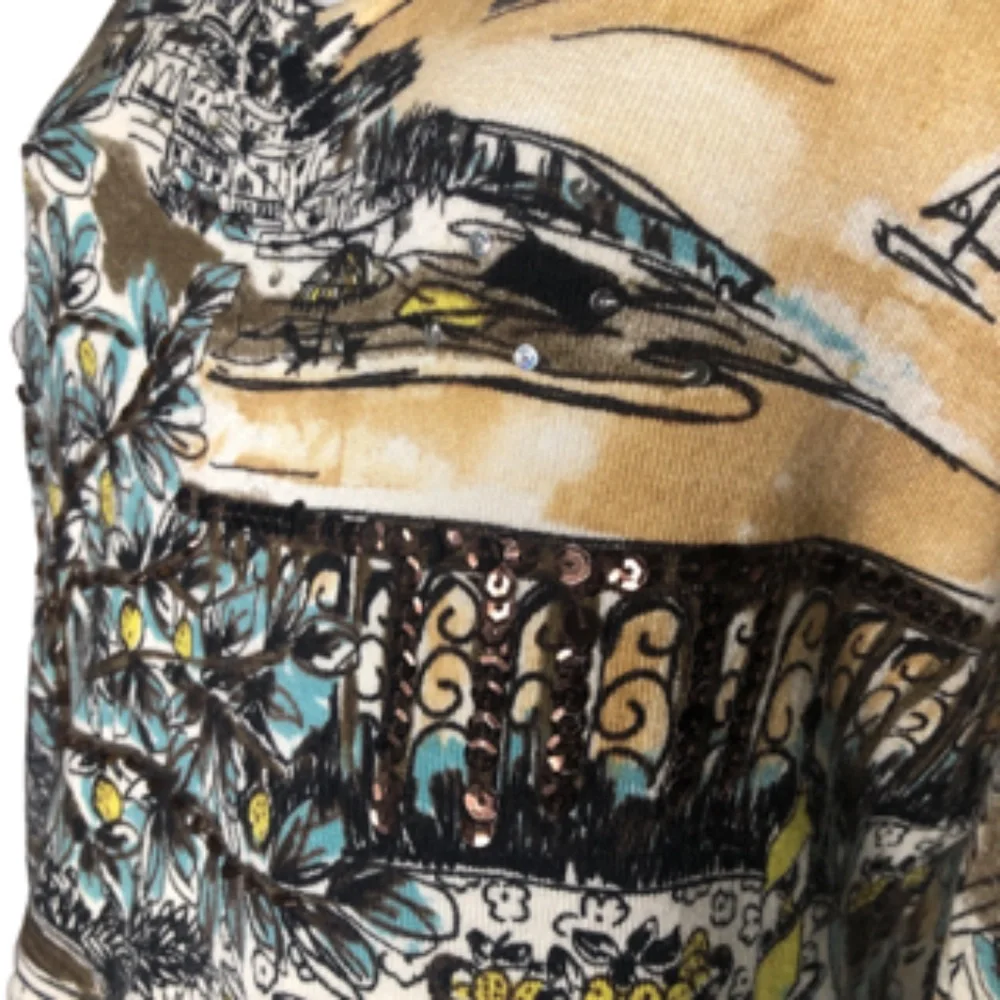 Perri NY Beaded Sequin V-Neck 3/4 Sleeve Pullover Garden Print Sweater Size L - Picture 3 of 7